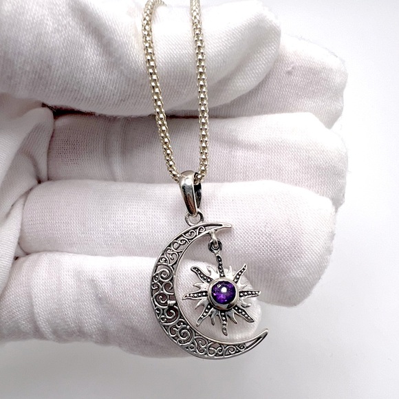 Jewelry - Genuine Amethyst .925 Sterling Silver Moon Necklace